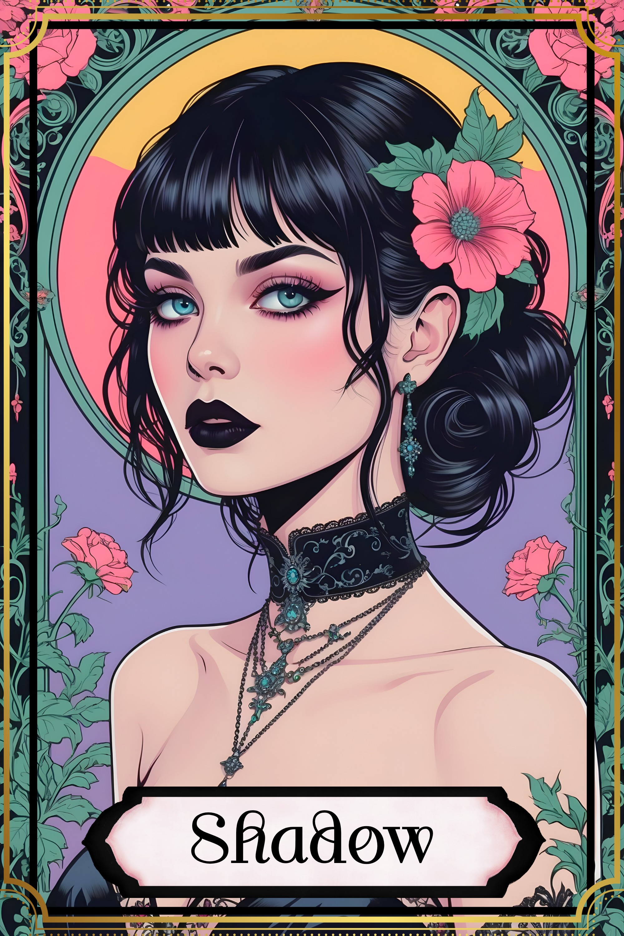 Illustration of a woman with black hair, blue eyes, dark makeup, and jewelry, with pink flowers in her hair, framed with decorative floral borders, and the word 'Shadow' at the bottom.