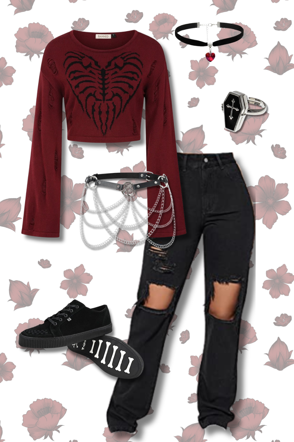 Fashion outfit featuring a red cropped sweater with black tiger design, ripped black jeans, black sneakers, a black choker with a red heart pendant, a silver cross ring, a silver chain belt, and a chain-embellished belt.
