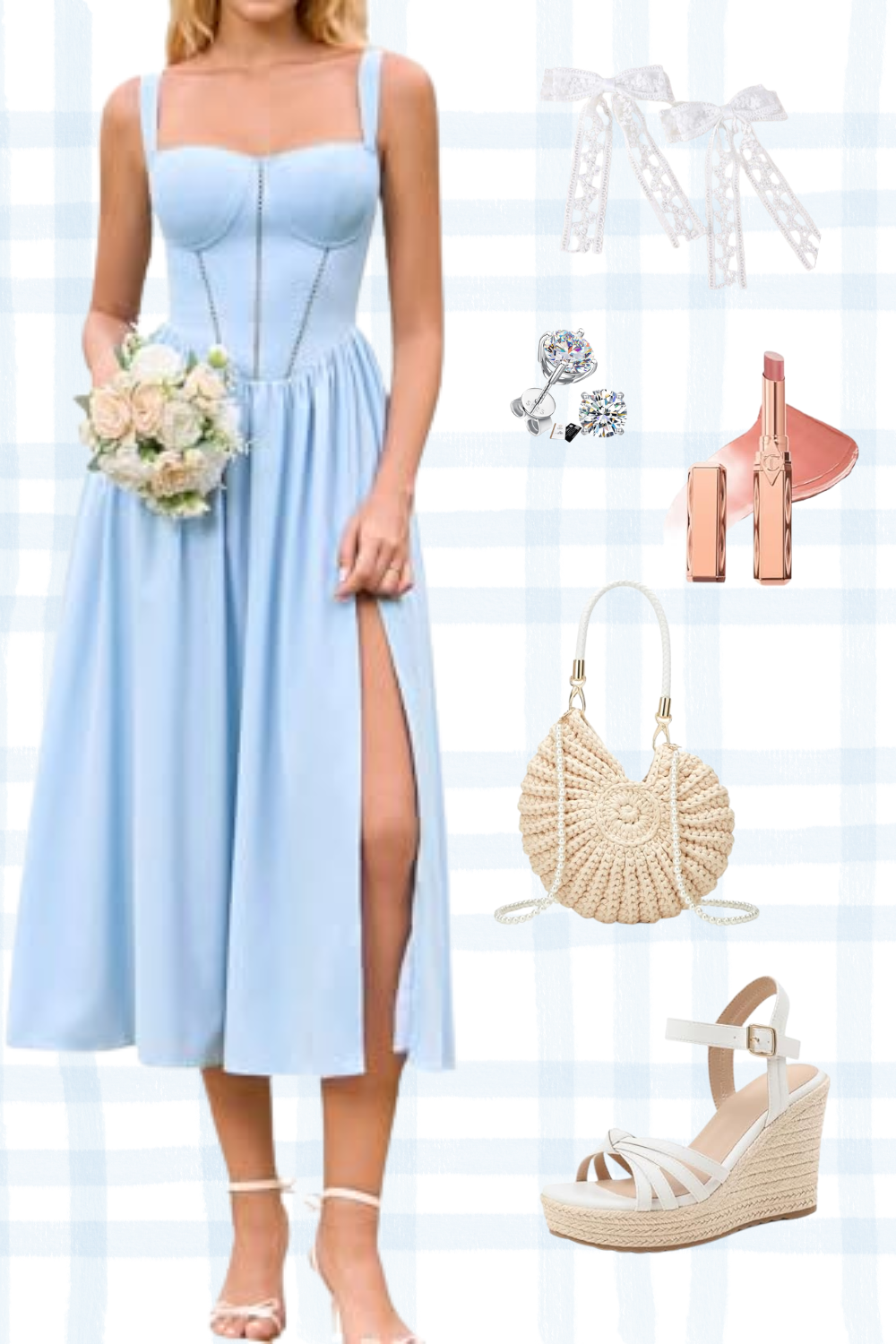 A woman wearing a light blue sleeveless dress with a slit, holding a bouquet of flowers, with various accessories including earrings, lipstick, a purse, and shoes around her.