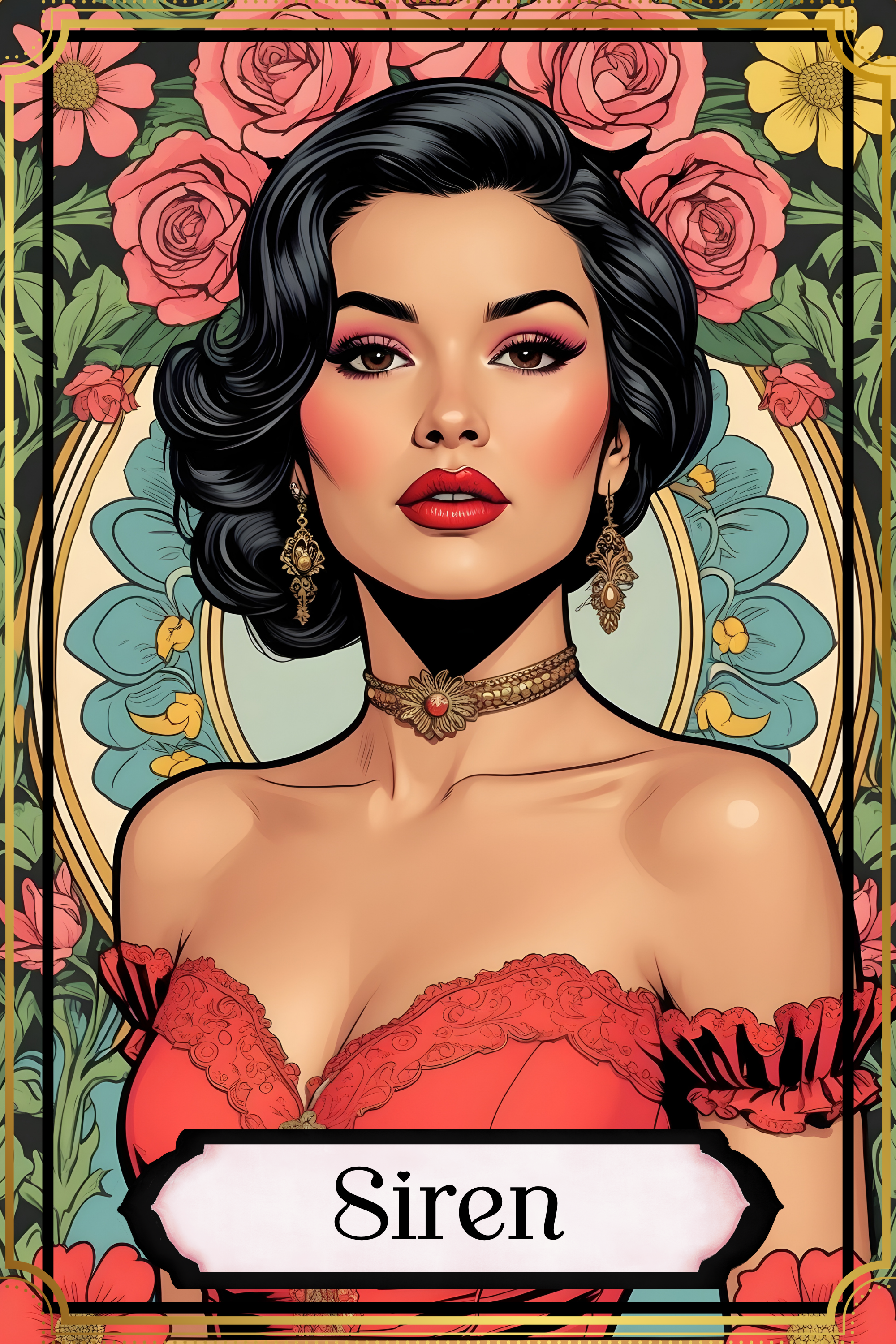 A digital illustration of a woman with vintage beauty appearance, dark curled hair, red lipstick, and wearing ornate jewelry and a red off-shoulder dress, with a floral background and the label "Siren" at the bottom.