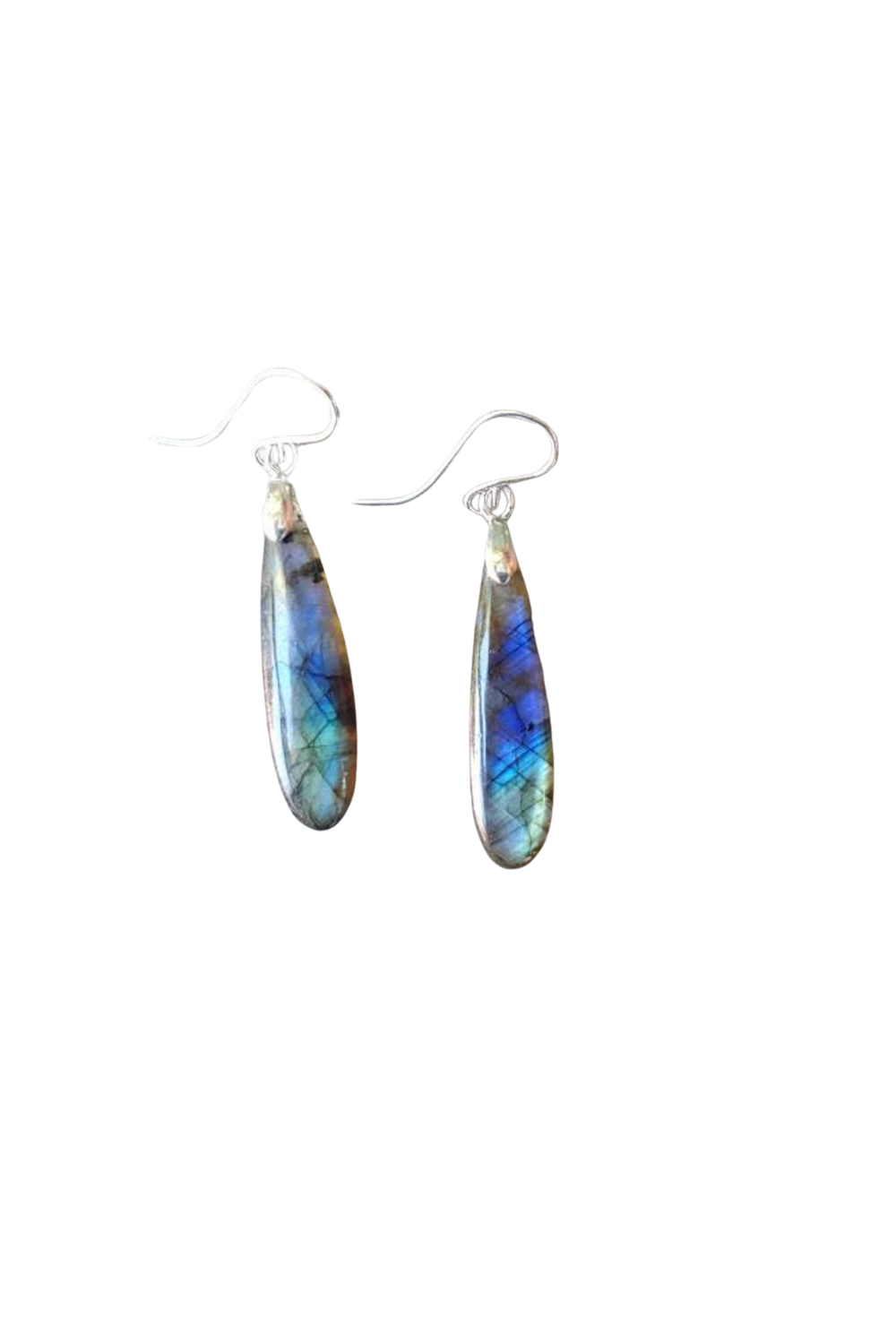 Silver dangle earrings with iridescent labradorite stones hanging from hooks.