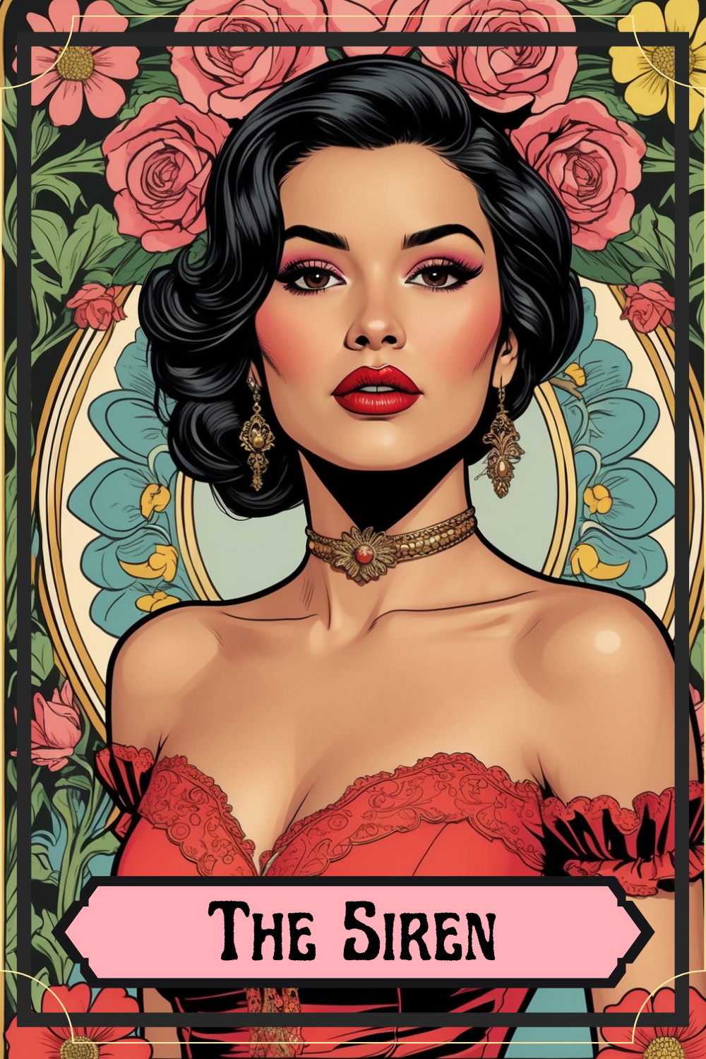 Illustration of a woman with dark, wavy hair, red lipstick, and jewelry, surrounded by floral patterns, with a label reading 'The Siren'.
