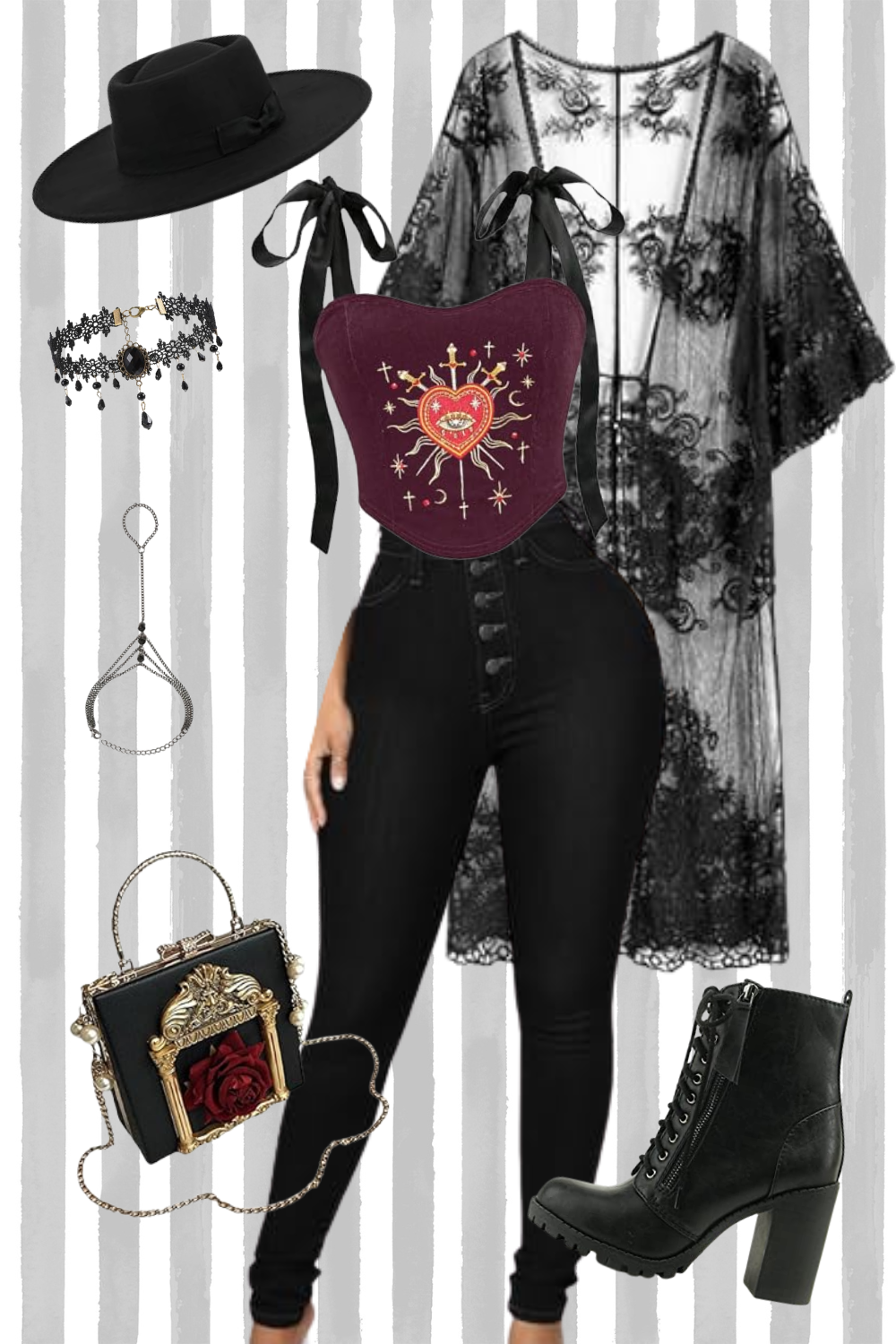 Fashion collage featuring a black wide-brim hat with a ribbon, black lace kimono, black high-waisted jeans, a purple embroidered bustier top with a heart and skull design, statement black handbag with gold accents and red rose, black combat boots, silver jewelry including a choker, earrings, and rings.
