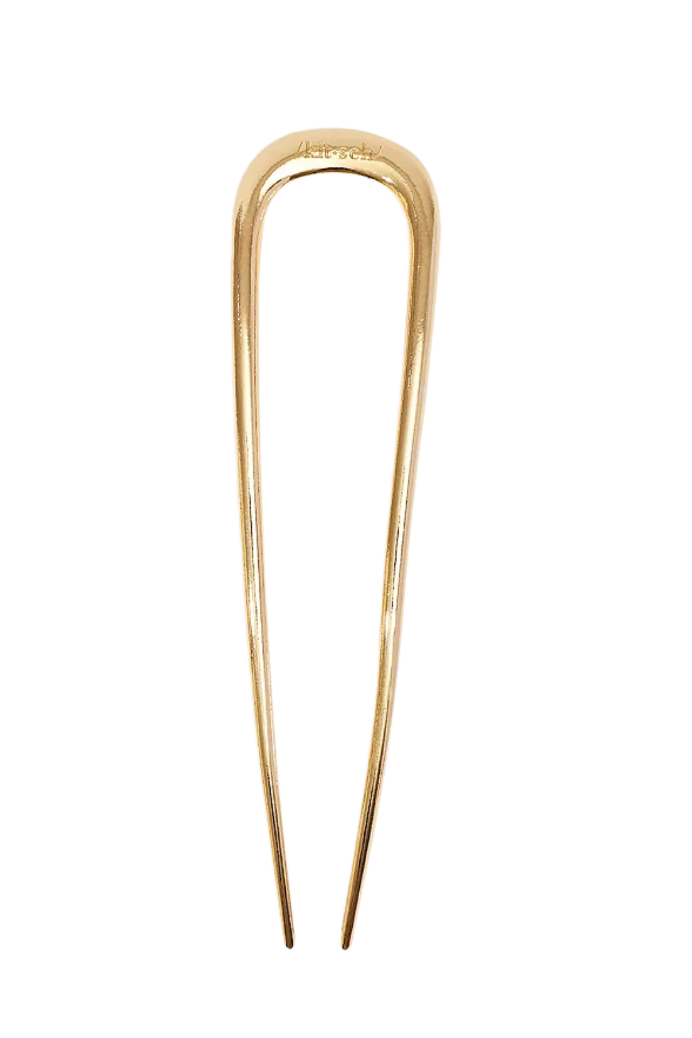 Close-up image of a gold-colored hairpin or clip with the word 'Lurech' engraved on it, positioned vertically.