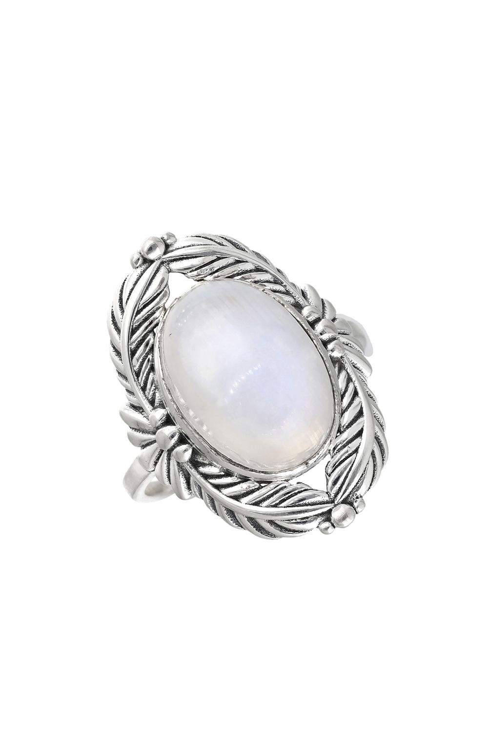 Silver ring with a large oval-shaped white gemstone, possibly moonstone, set in a detailed, twisted rope design with small bead accents.