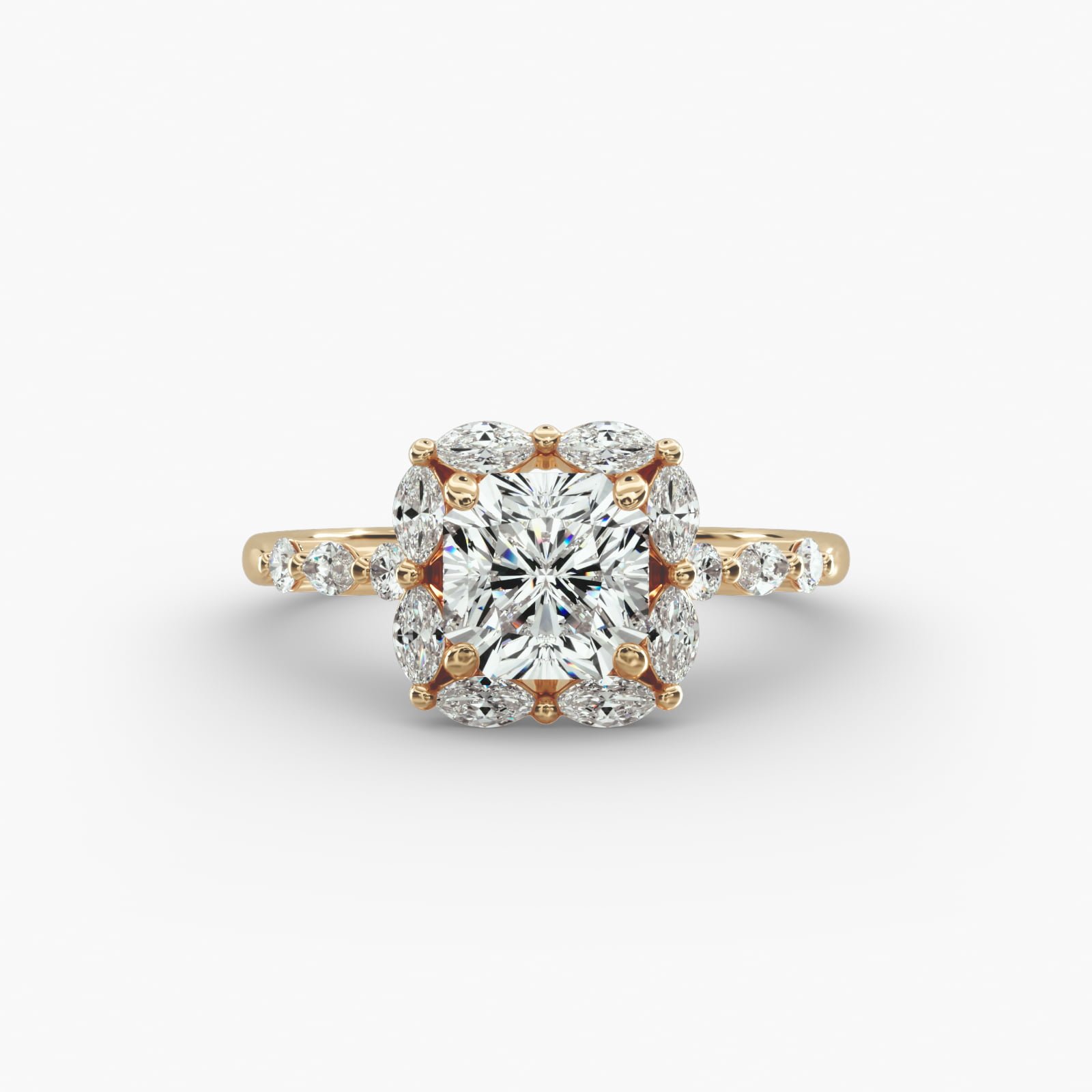 Gold ring with a large central diamond surrounded by smaller diamonds in a halo setting.