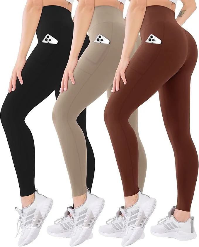 Three women standing in side profile, wearing leggings and athletic shoes, each with a phone in the side pocket of their leggings.