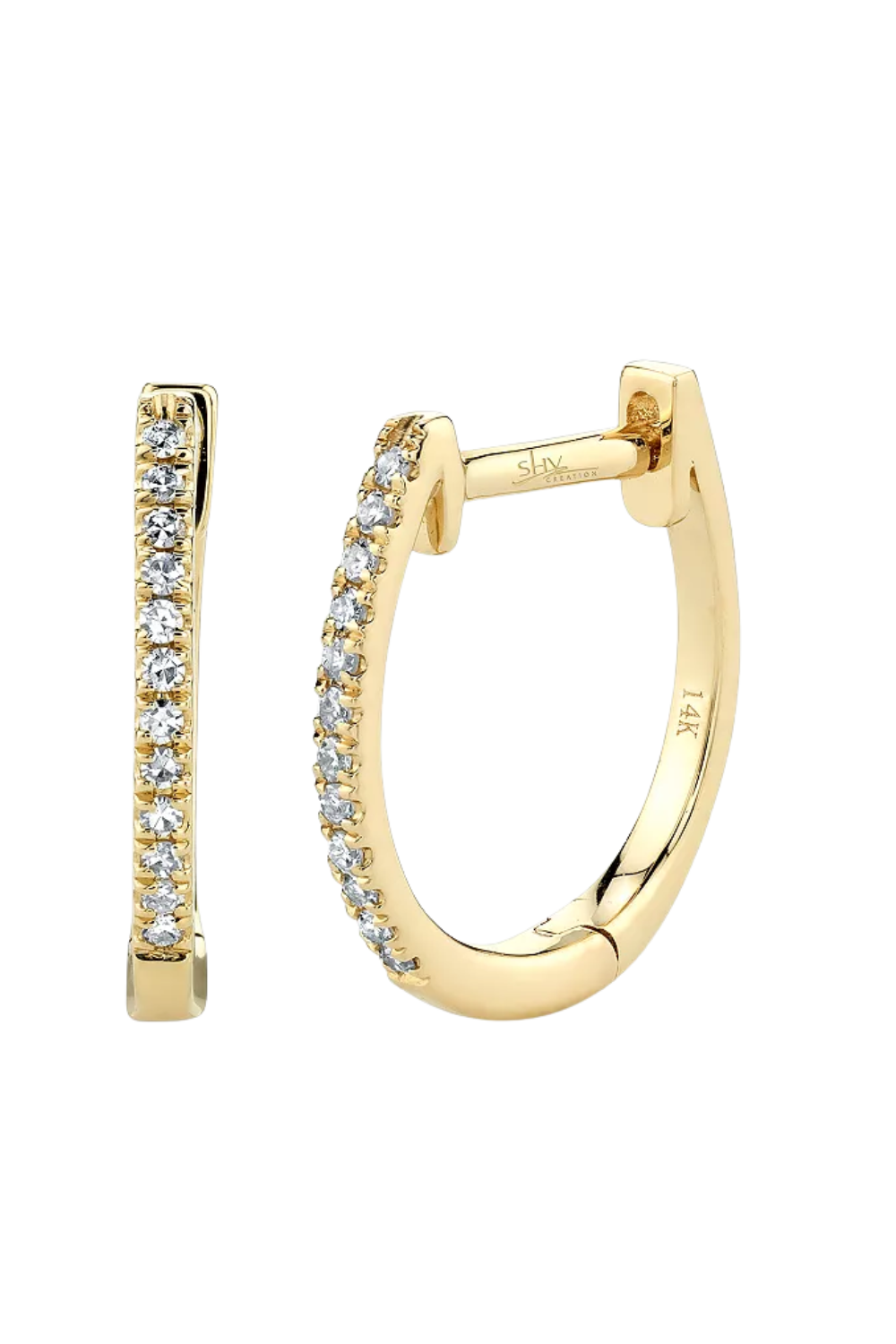 Gold hoop earrings adorned with clear gemstones, marked with '14K' on the inner side.