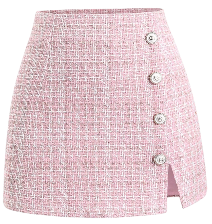 A pink tweed skirt with white accents and four white buttons running down one side, featuring a small slit at the bottom.