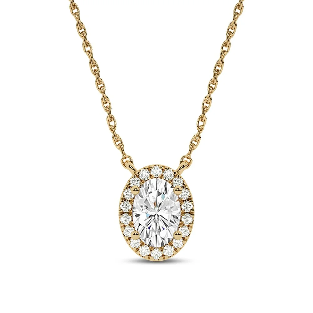 Gold necklace with a large oval diamond surrounded by smaller diamonds.