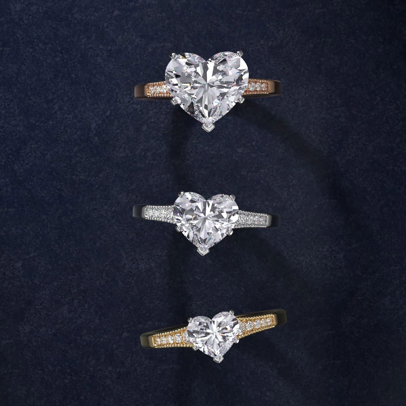 Three heart-shaped diamond engagement rings with different band designs, displayed vertically on a dark background.
