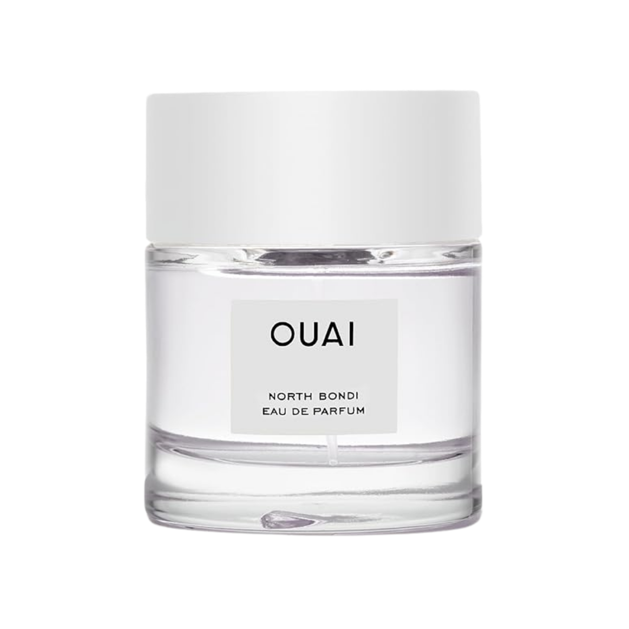 A clear glass perfume bottle with a white cap, labeled 'OUAI North Bondi Eau de Parfum'.