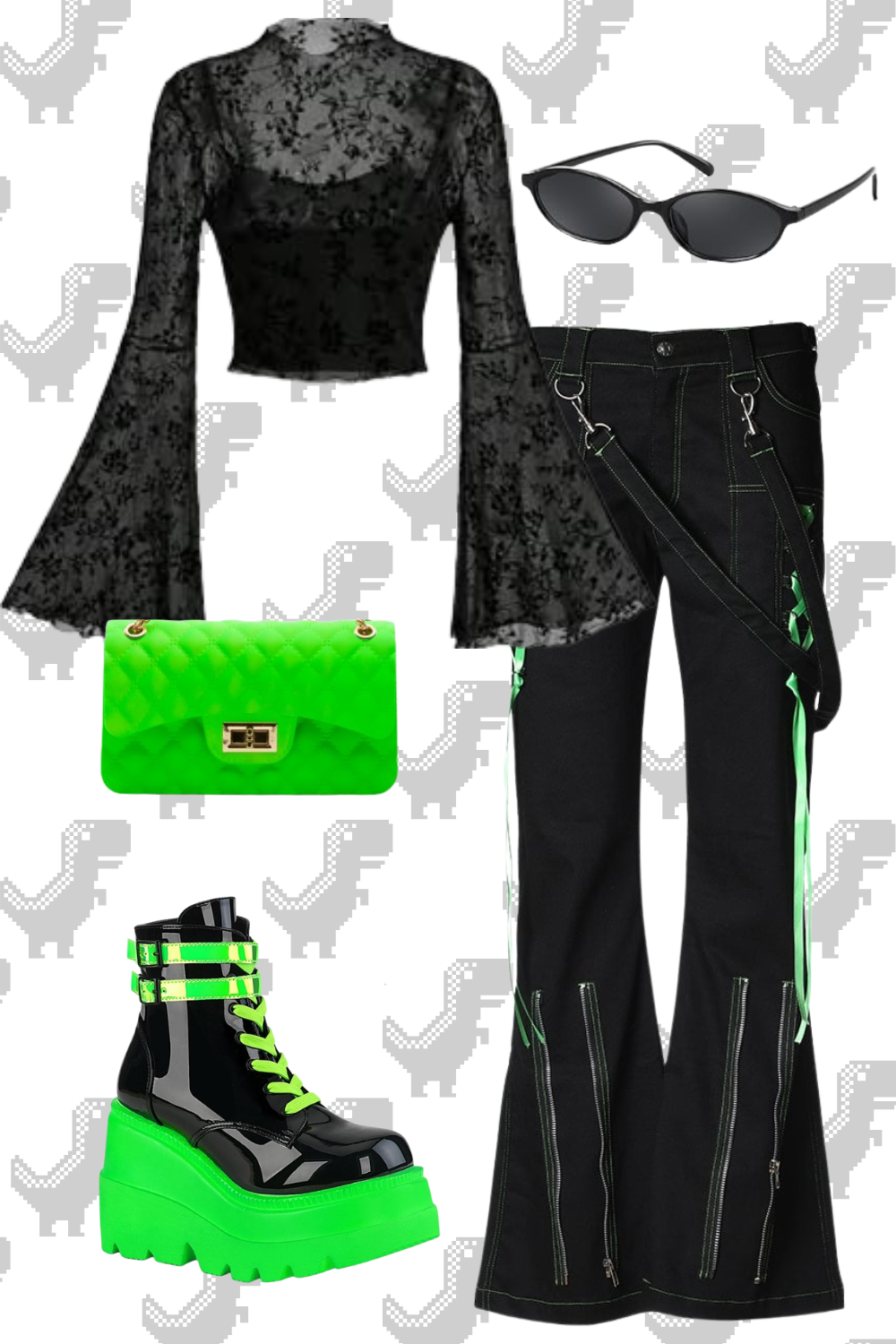 Black lace long-sleeve crop top, black sunglasses, black bag with neon green accents, black wide-leg pants with neon green details, and black platform boots with neon green soles and laces.