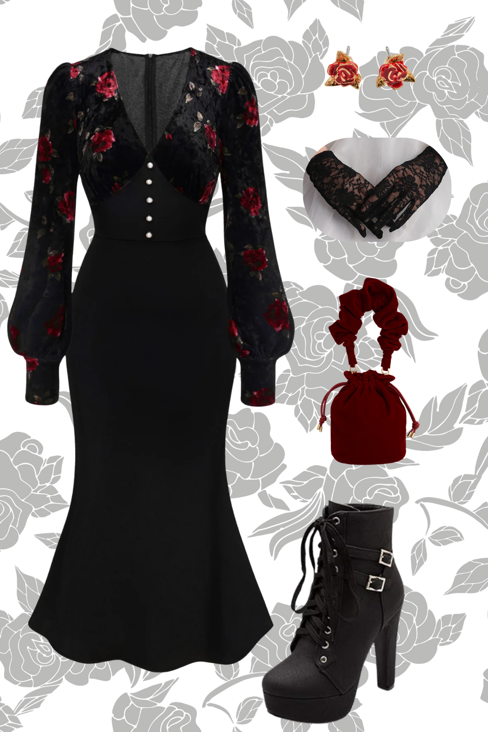 A black dress with red floral patterns on the sheer overlay and pearl buttons, black lace gloves, red scrunchie handbag, black lace-up high heel boots, and red rose earrings on a floral background.