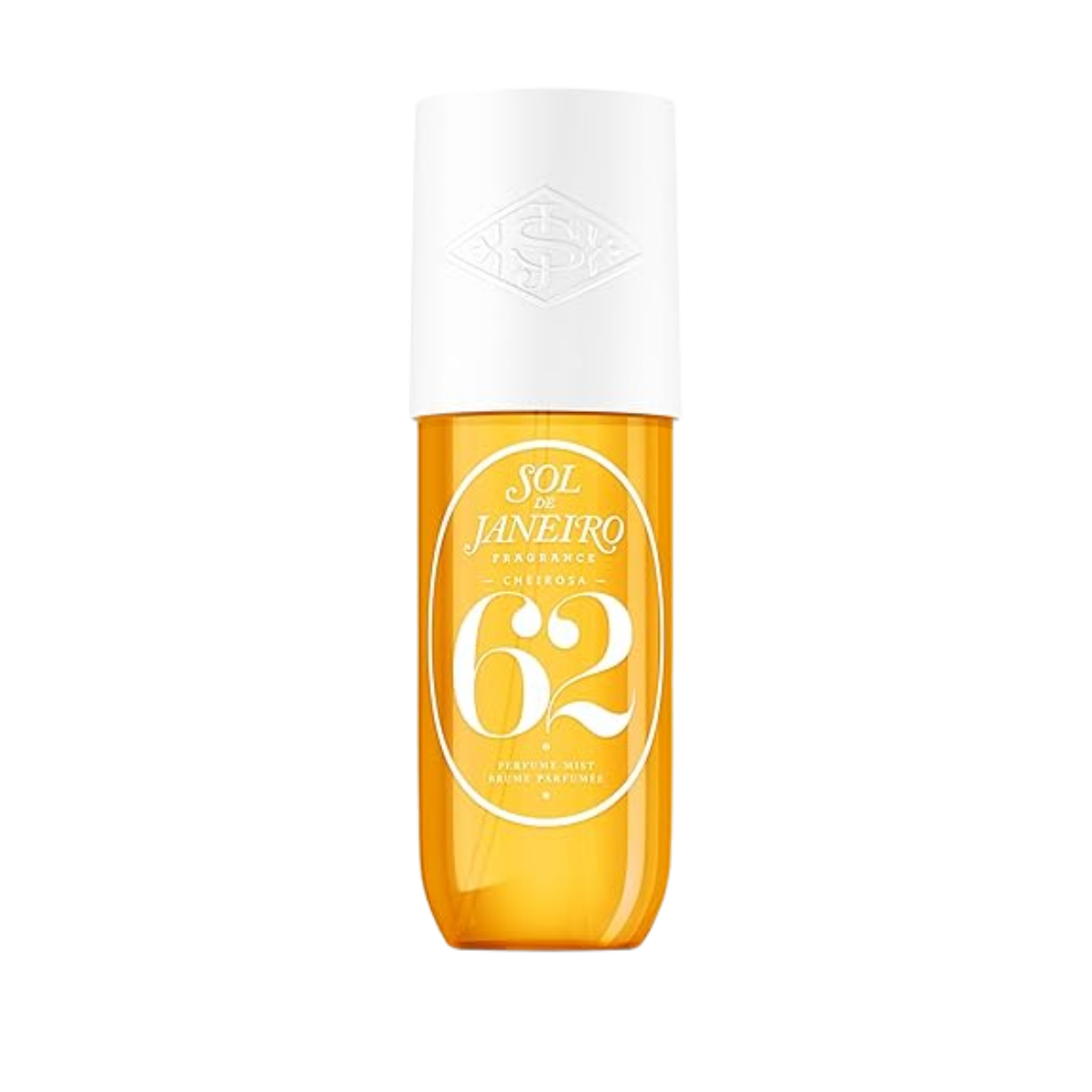 A bottle of Sol de Janeiro perfume labeled '62' with an orange body and white cap.