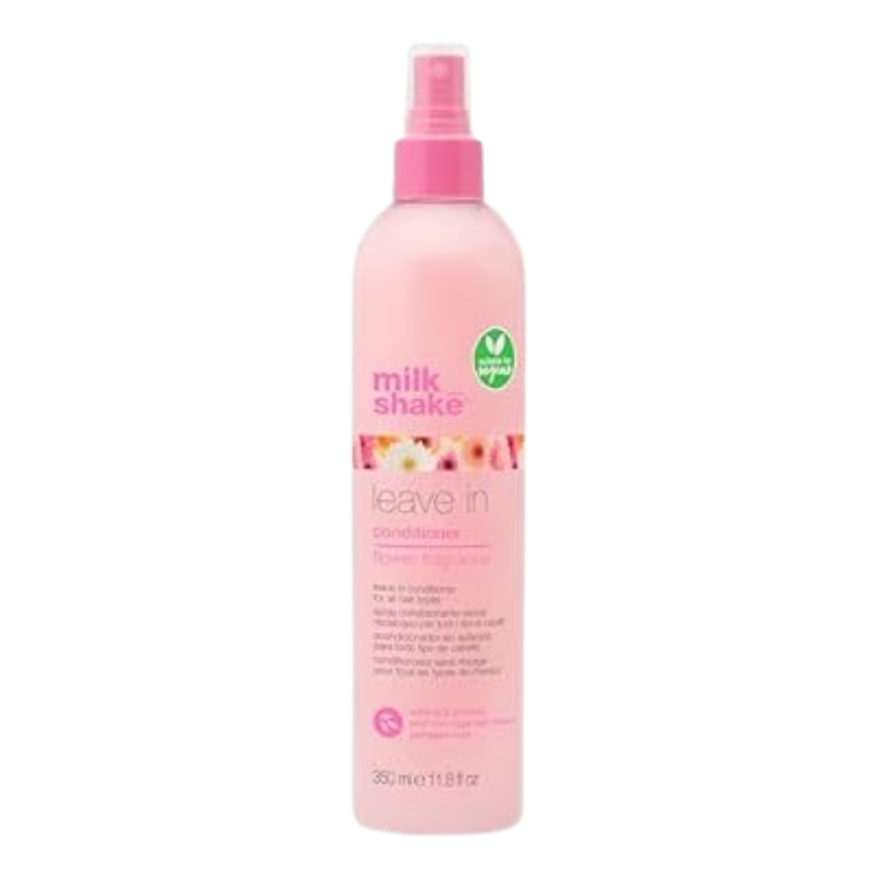 a pink spray bottle labeled 'milk shake leave in conditioner' with a floral graphic and a green certification icon