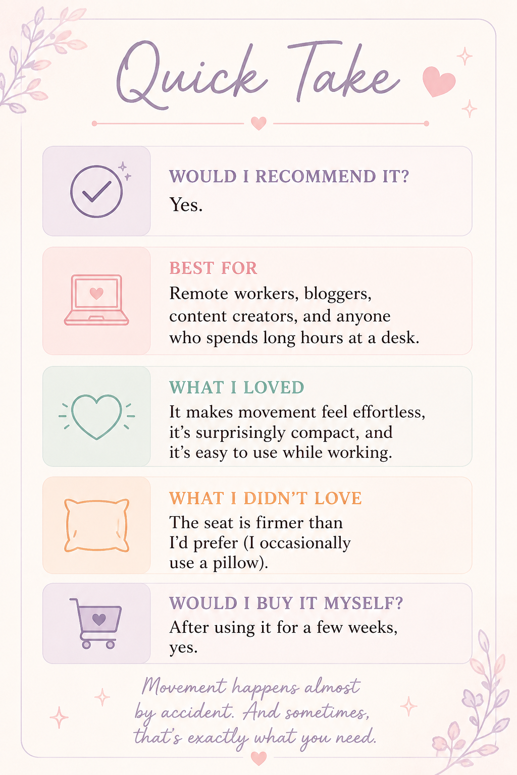 would i recommend it? yes. best for: remote workers, bloggers, content creators, and anyone who spends long hours at a desk. what i love: it make movement feel effortless, it's suprisingly compact, and its easy to use while working. what i didn't lov