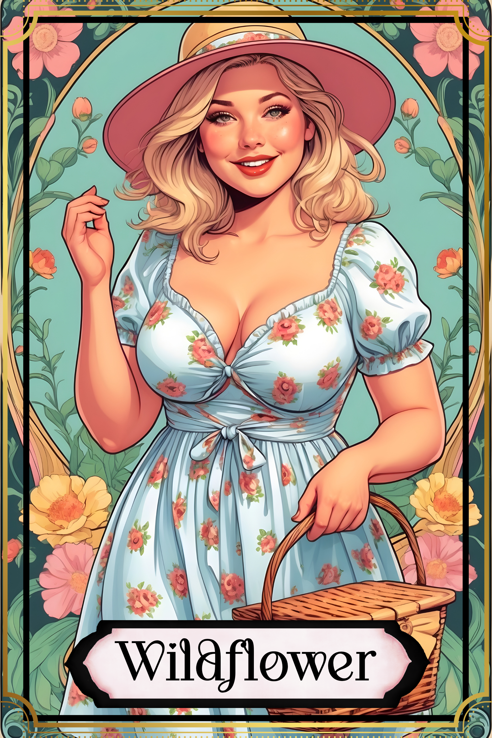 Illustration of a smiling woman in a floral dress and wide-brimmed hat, holding a basket, surrounded by colorful flowers, with the word 'Wildflower' at the bottom.