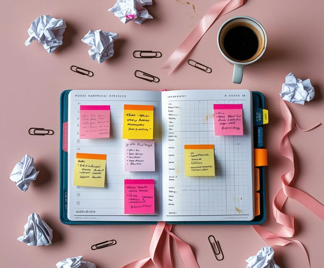 Open planner with sticky notes, crumpled papers, paper clips, pink ribbon, and a cup of coffee on a pink desk.