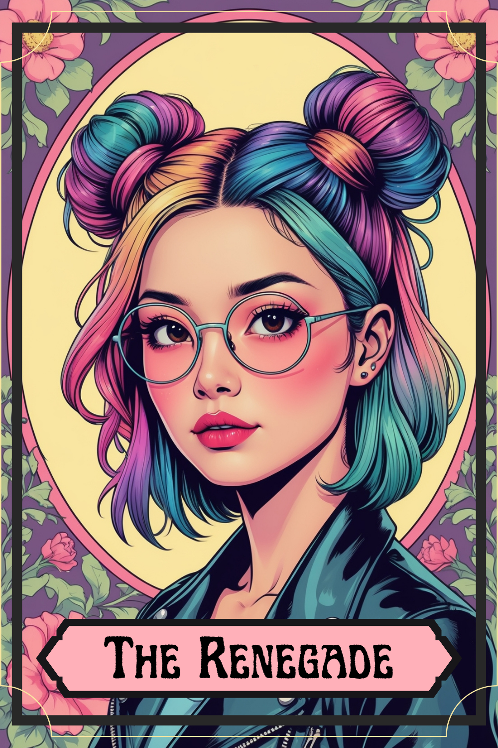 A colorful digital illustration of a young woman with rainbow-colored hair styled in twin buns, wearing glasses and a leather jacket, with pink blush and lipstick, under a floral background with the title 'The Renegade' at the bottom.