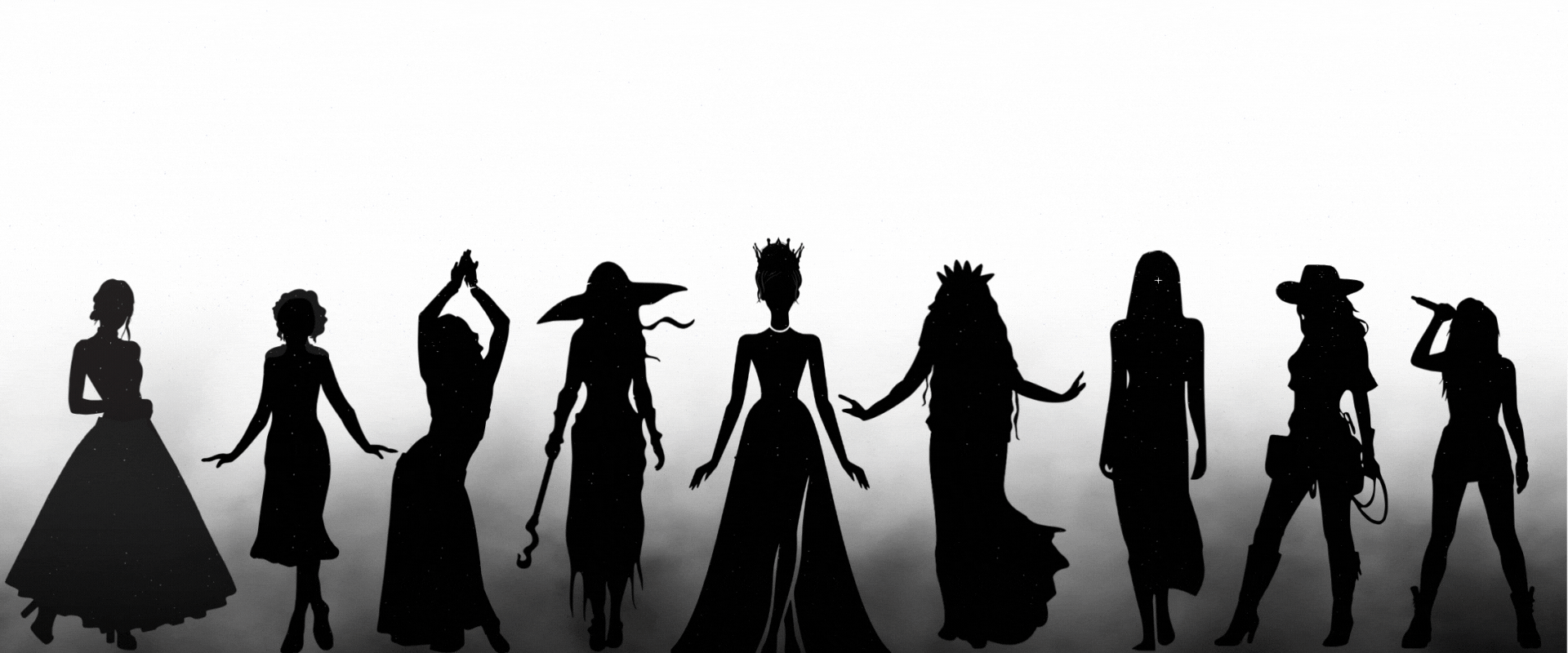 Silhouettes of ten women dressed in various costumes, standing in a row against a white background. archetypes, Empress, Enchantress, Lover, Renegade, Shadow, Siren, Time Traveler, Wayfarer, Wildflower, which one are you? Take the quiz