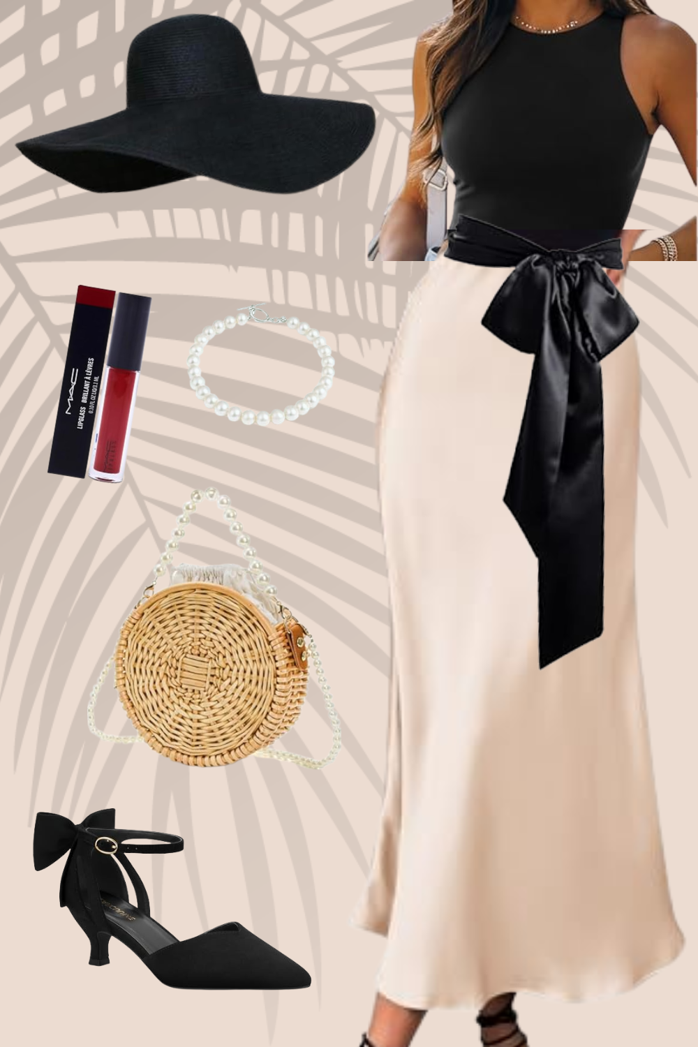 A collage of fashion accessories and clothing, including a wide-brim black hat, a sleeveless black top, a cream satin skirt with a large black satin bow, black high heels with ankle straps and bows, pearl jewelry including a necklace and a handbag, a red lipstick, and a women's outfit with long hair.