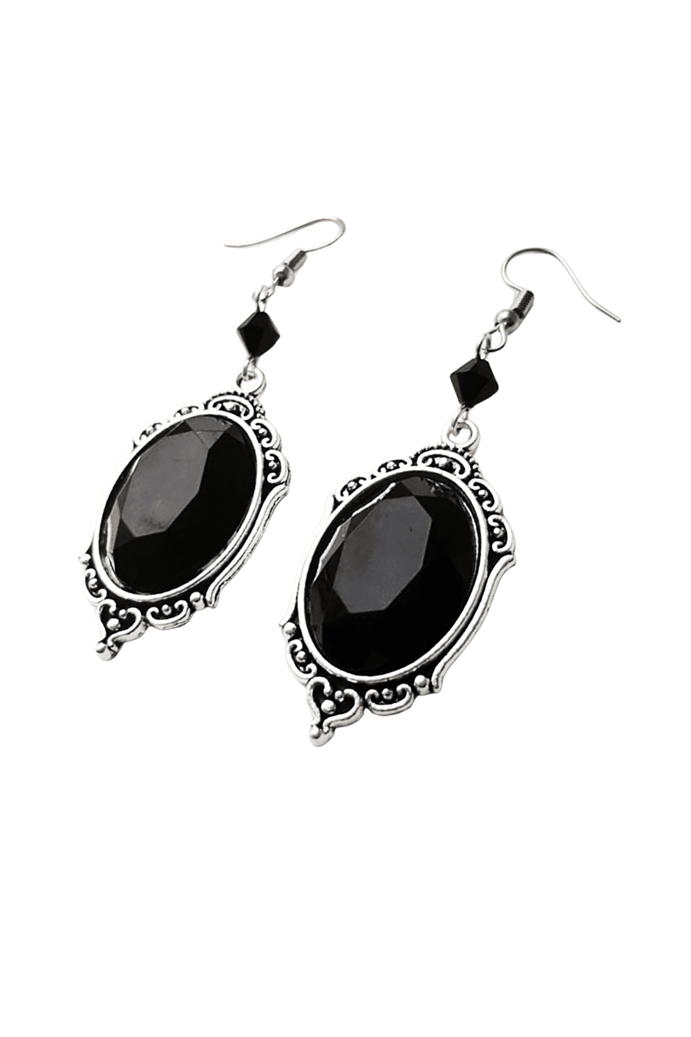 Black gemstone earrings with ornate silver settings and small black beads on hooks.