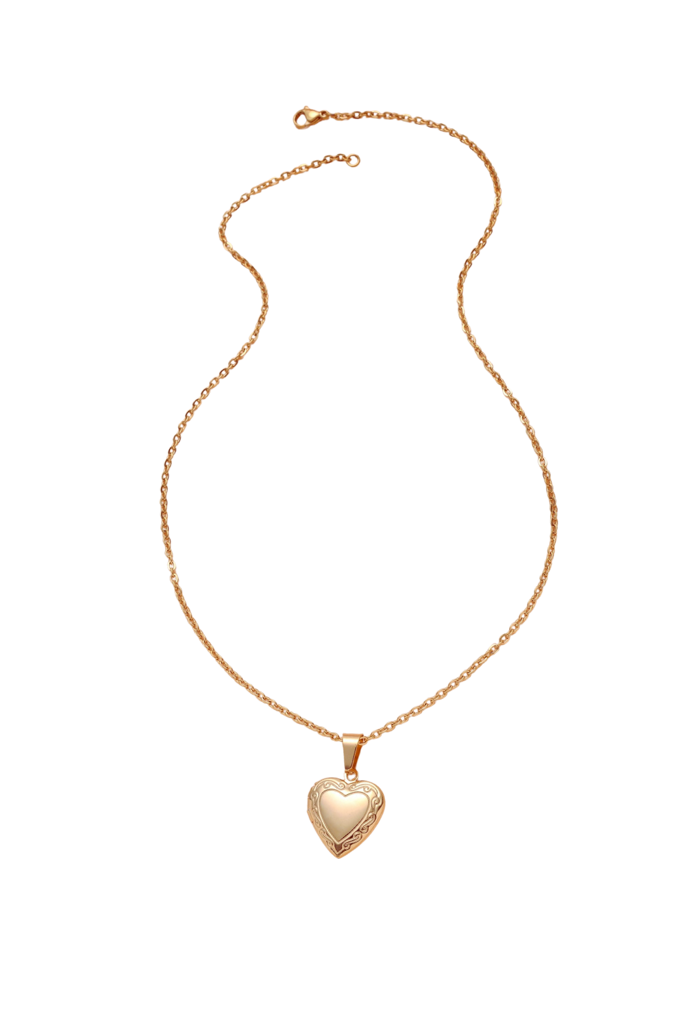 A gold heart-shaped necklace with a heart pendant, shown against a multicolored, distorted background.