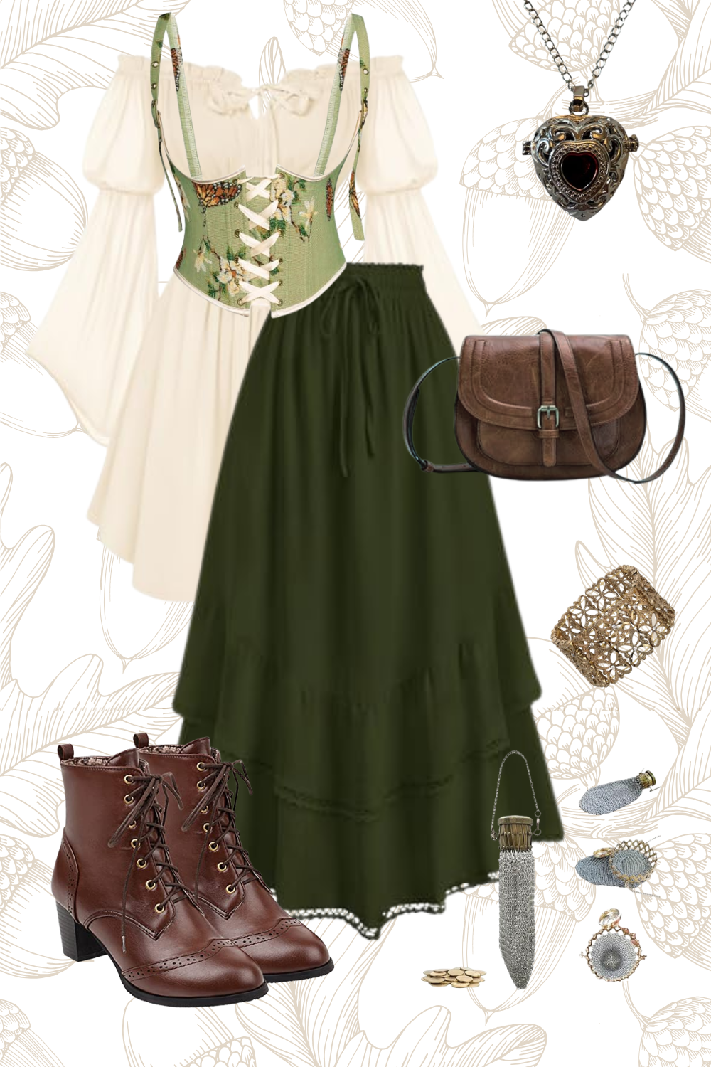 An outfit featuring a cream dress with puffy sleeves and a floral corset top, a long dark green skirt, brown ankle boots, and accessories including a heart-shaped pendant necklace, a leather handbag, and several pieces of jewelry, on a floral-patterned background.