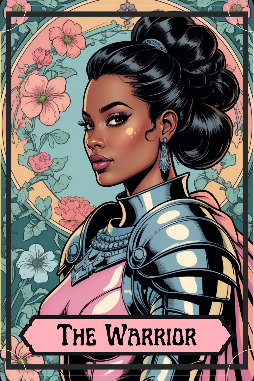 An illustration of a woman with dark hair in an elegant updo, wearing armor and jewelry, with pink flowers in the background, labeled 'The Warrior'.