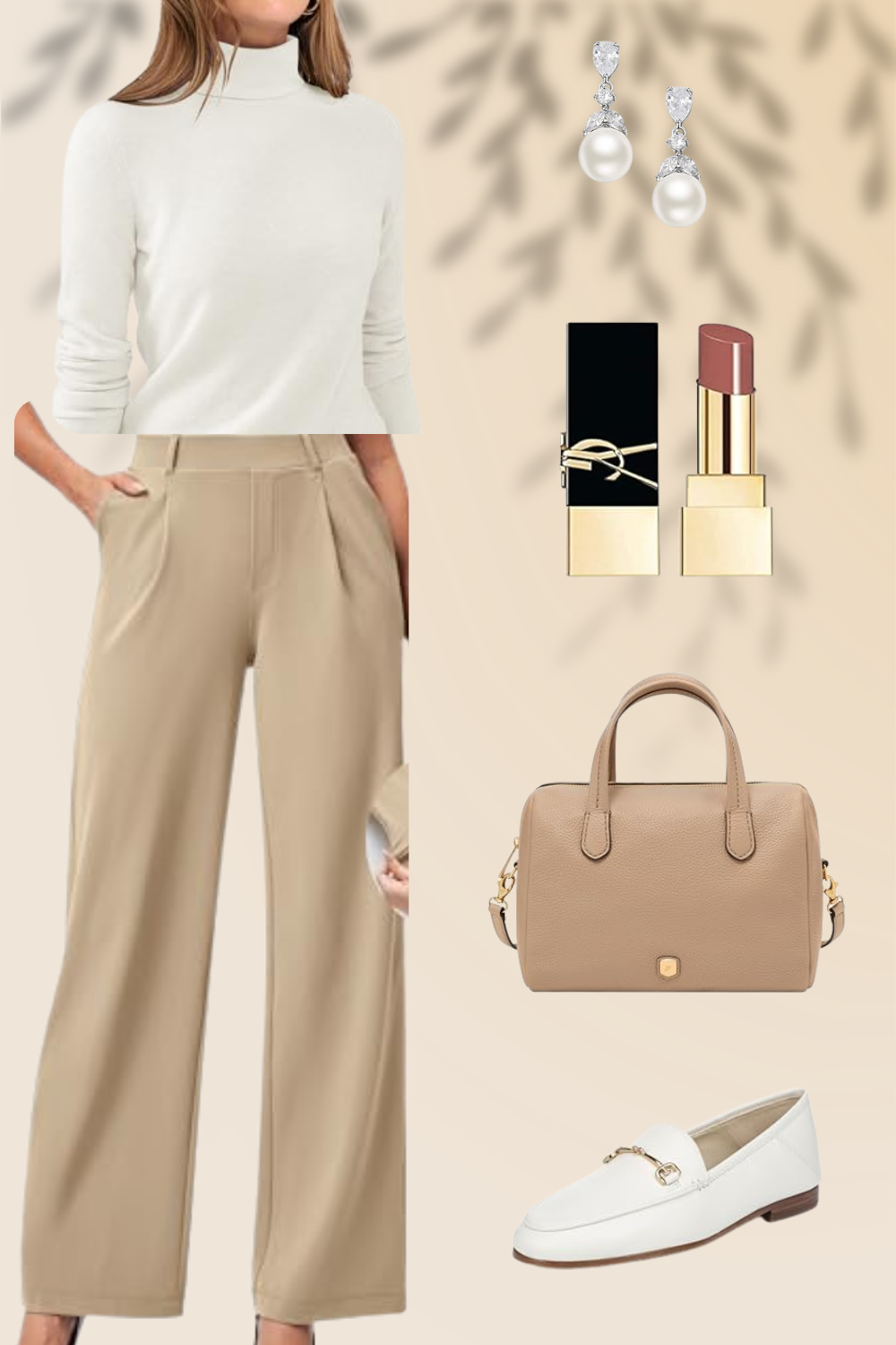 Outfit consisting of a white turtleneck sweater, beige wide-leg trousers, white loafers with gold hardware, a beige handbag, pearl earrings with diamond accents, and neutral-toned lipstick amid a beige background with shadowy foliage.