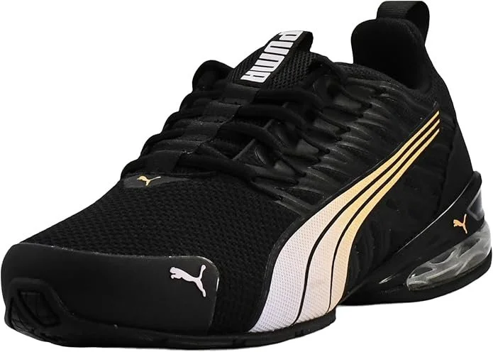 Black Puma athletic shoe with white and gold accents, mesh upper, and visible air cushion in the heel