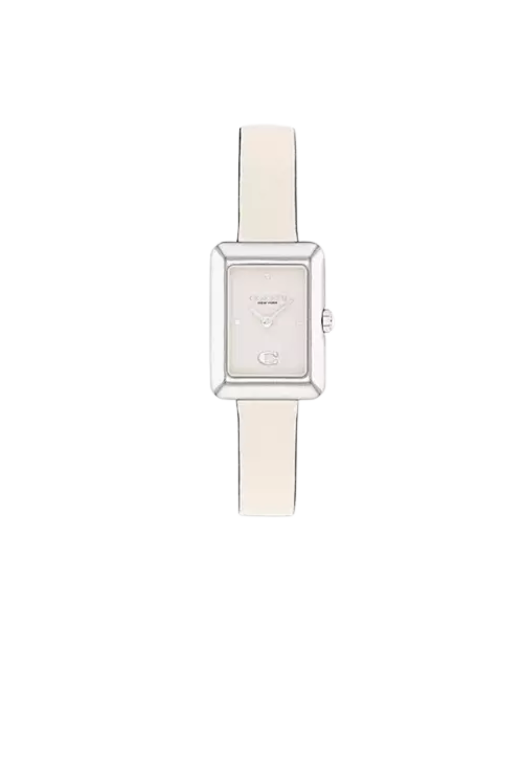 A white smartwatch with a rectangular face and a white band