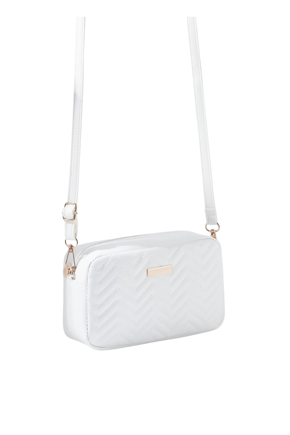 White quilted crossbody bag with a long adjustable strap, gold hardware, and a small metal logo plaque on the front.