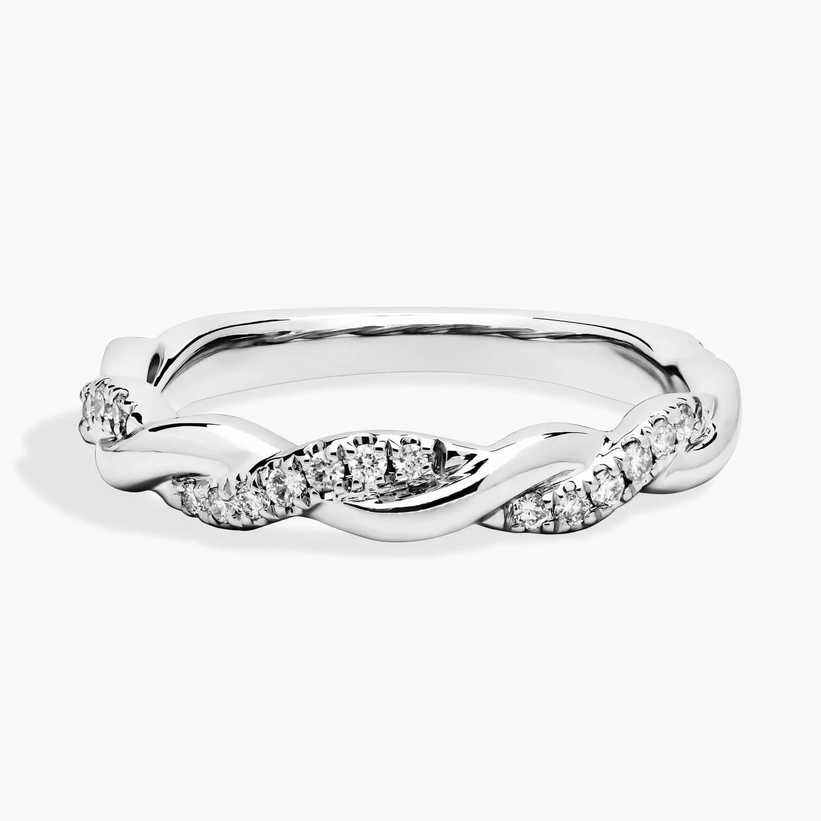 Silver ring with intertwined design and embedded small diamonds.
