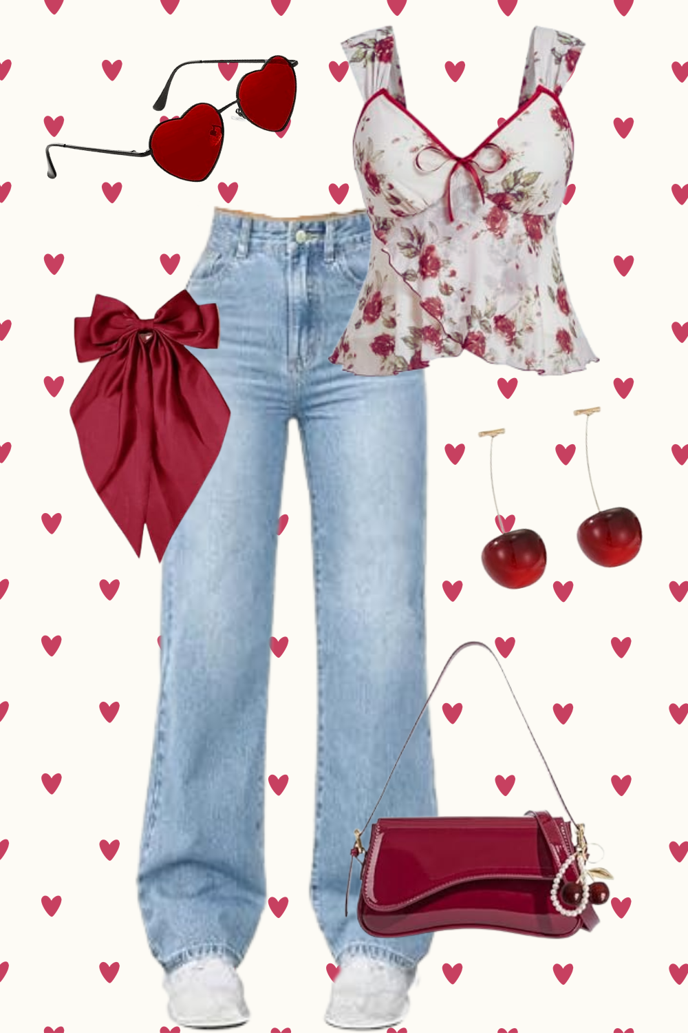 A flat lay of women's fashion items including heart-shaped sunglasses, a floral sleeveless top, high-waisted jeans, a large red bow hair accessory, cherry-shaped earrings, and a red handbag with a pearl charm on a background with small red hearts.