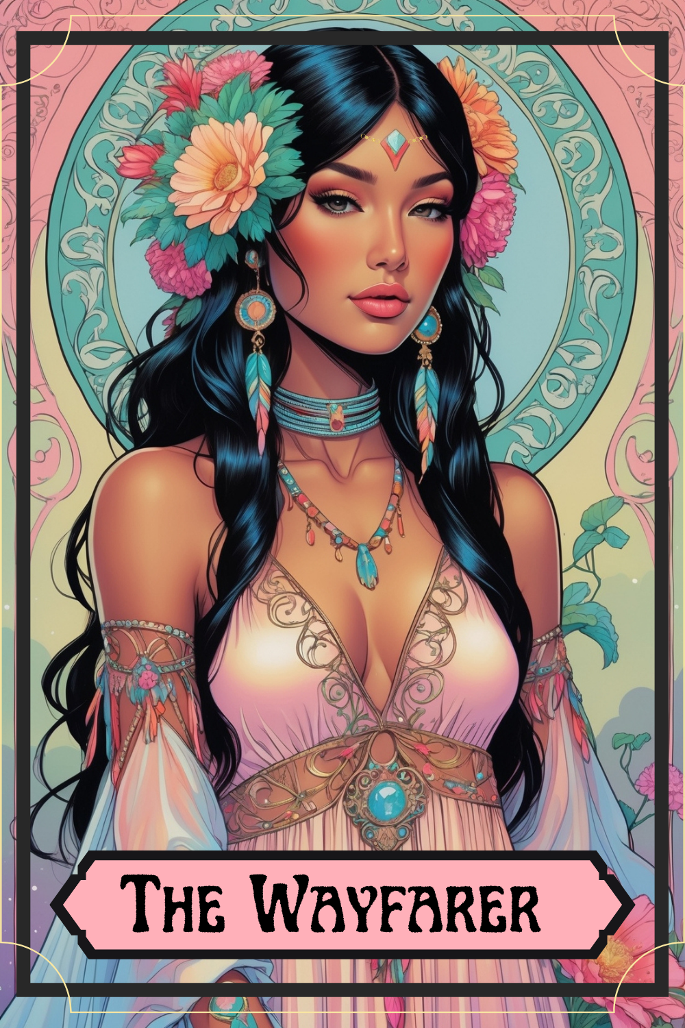 Illustration of a woman with long black hair decorated with colorful flowers, wearing tribal-inspired jewelry and a flowing dress, with a patterned background and a label that says "The Wayfarer."