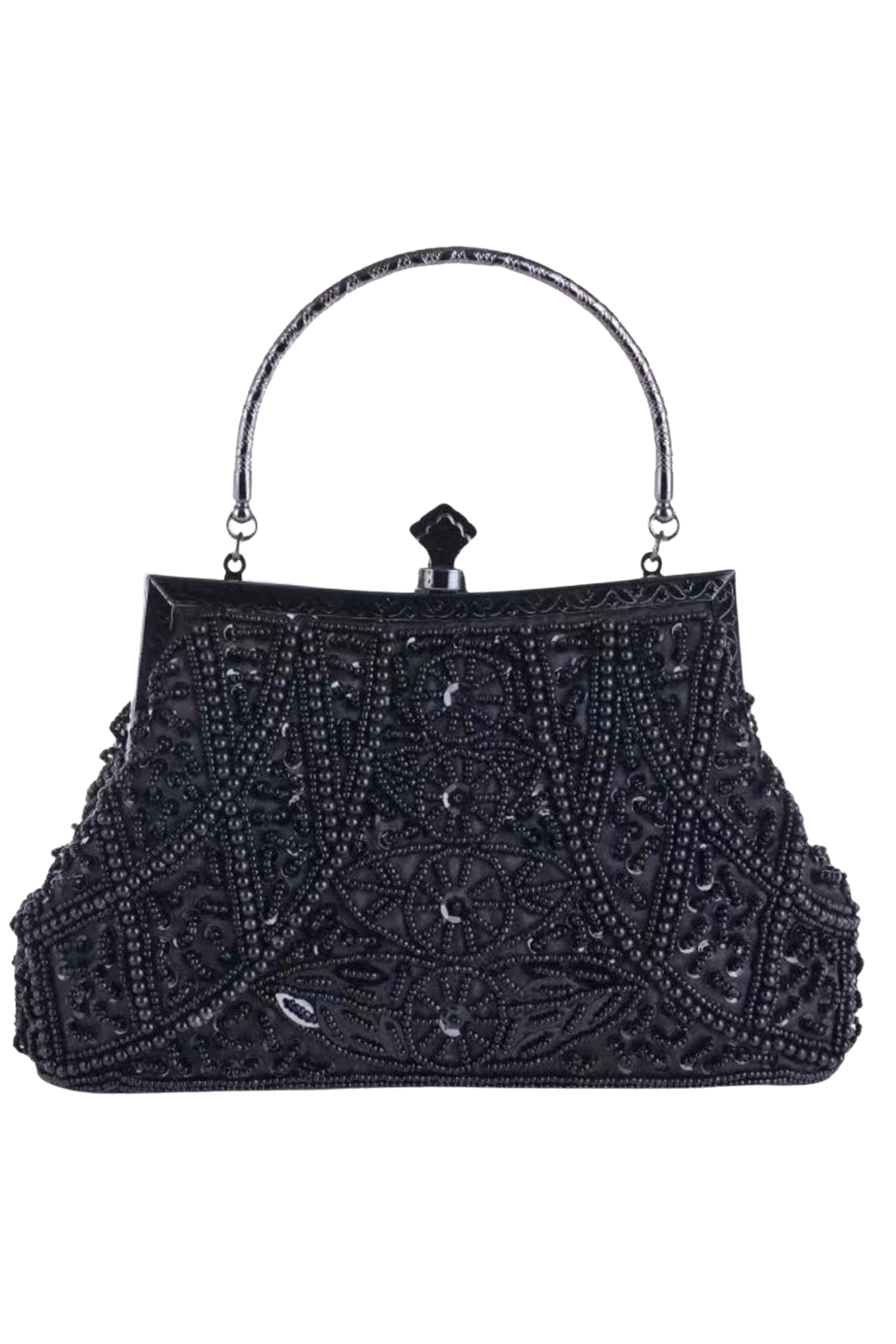 Black beaded evening handbag with metal handle and vintage clasp