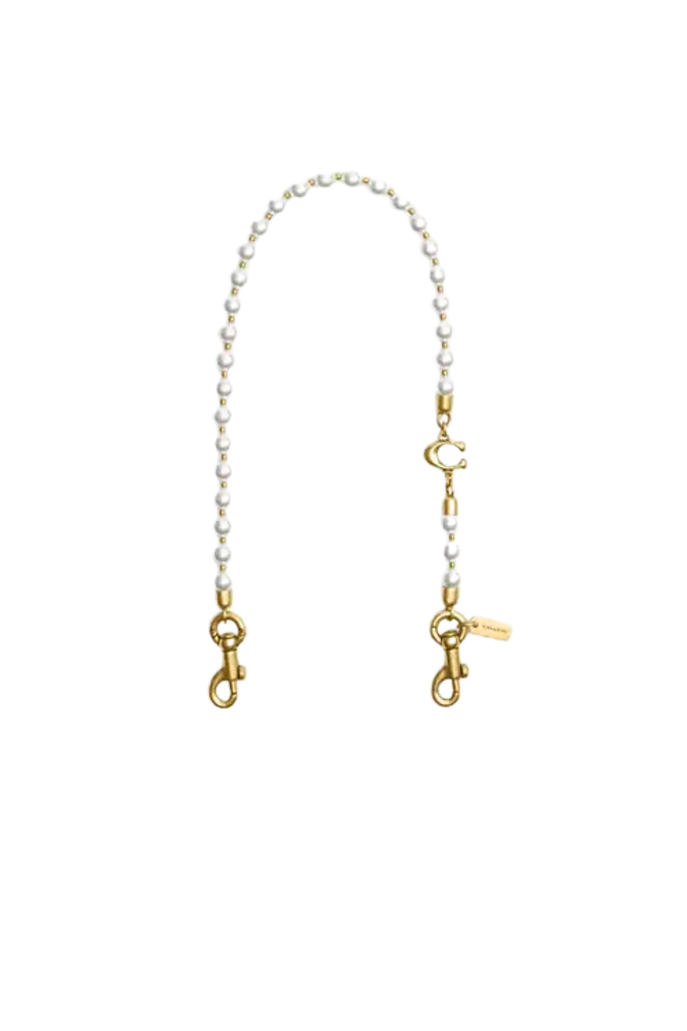 A pearl necklace with gold clasps and a small gold tag, isolated on a black background.