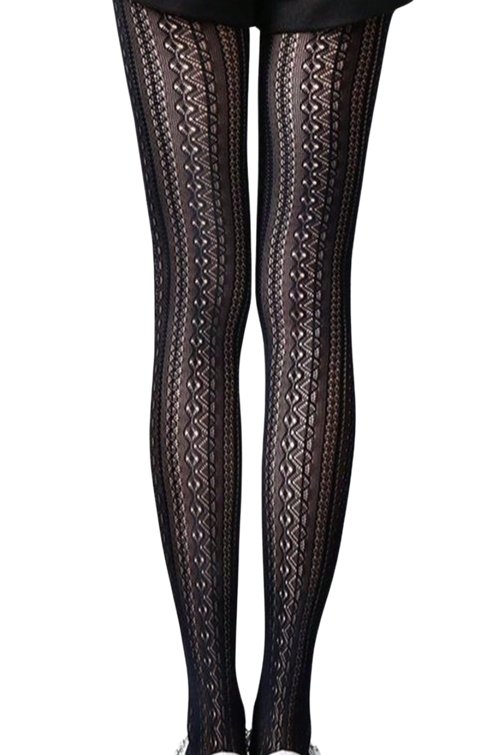 Close-up of a person's legs wearing black patterned tights with geometric and line designs.