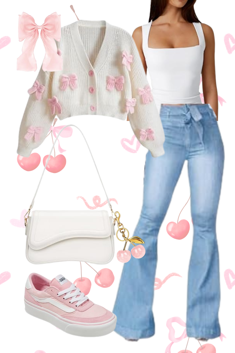 Casual outfit featuring a white crop top, high-waisted blue jeans, a white cardigan with pink bows, pink sneakers, a white purse, and cherry-themed accessories.