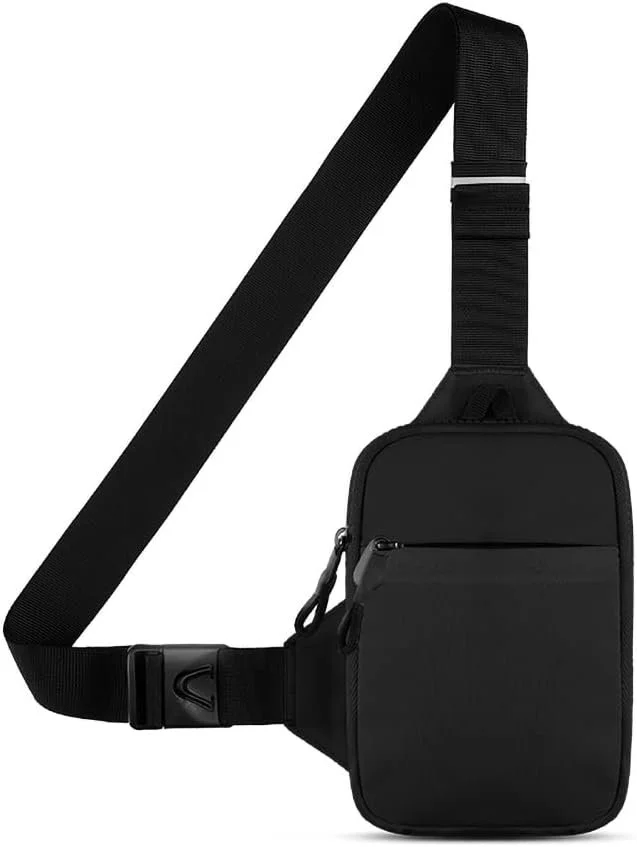 Black shoulder bag with adjustable strap and front zipper pocket.