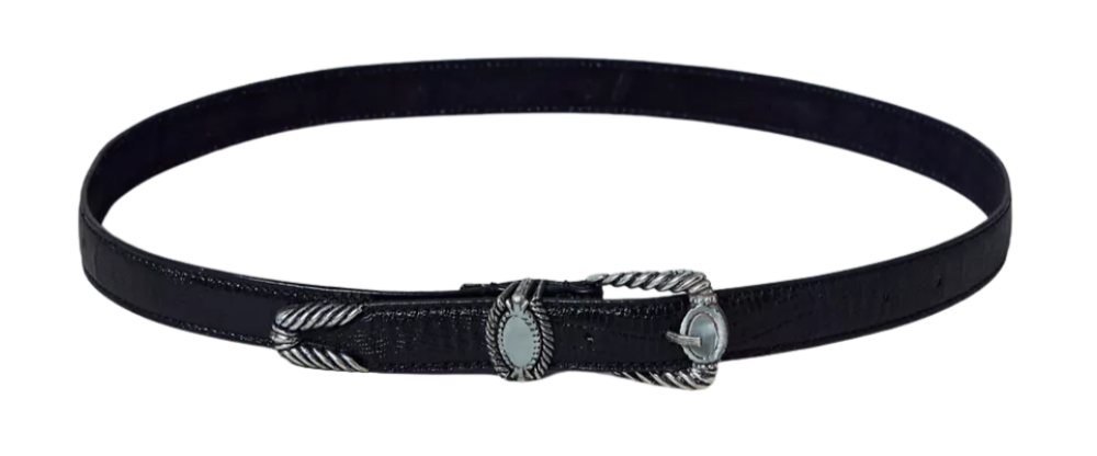A black leather belt with a silver buckle and decorative silver accents.