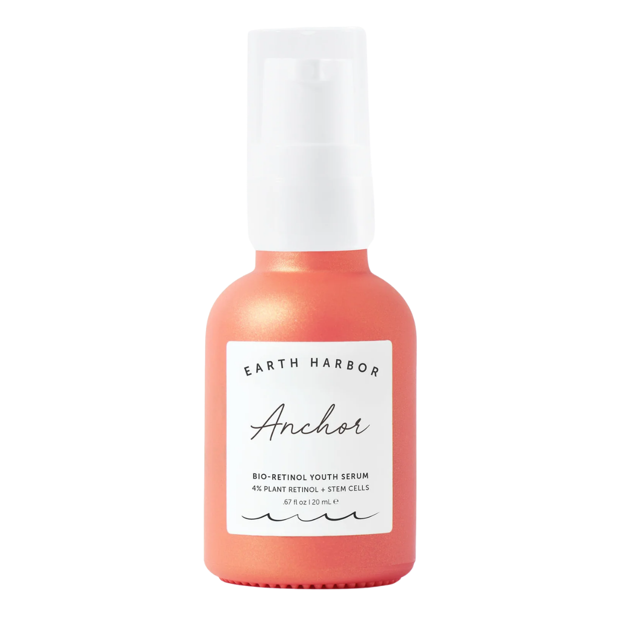 Pink bottle labeled Earth Harbor Anchor Bio-Retinol Youth Serum with white cap.