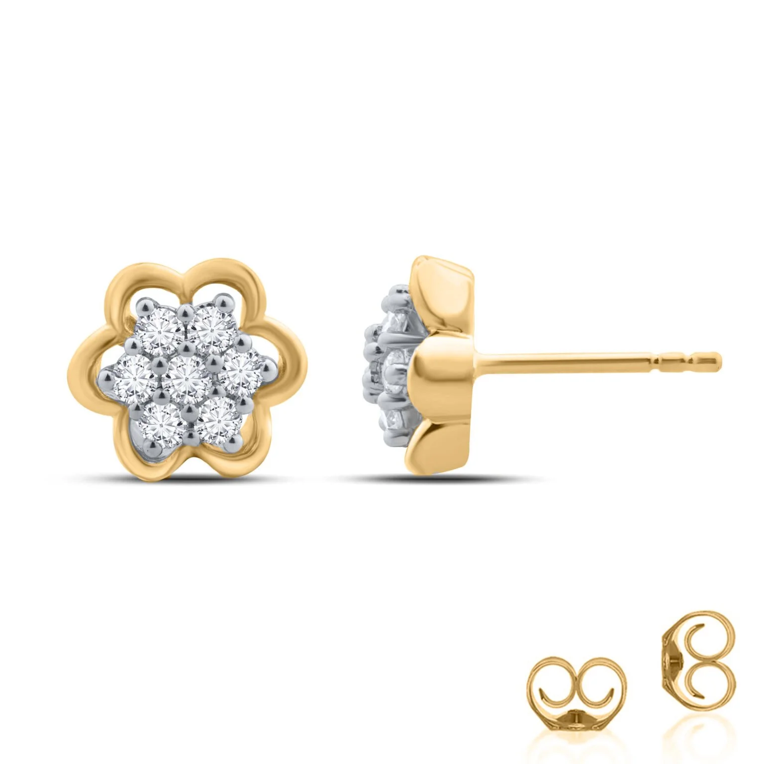 Gold and silver flower-shaped diamond stud earrings and matching backs