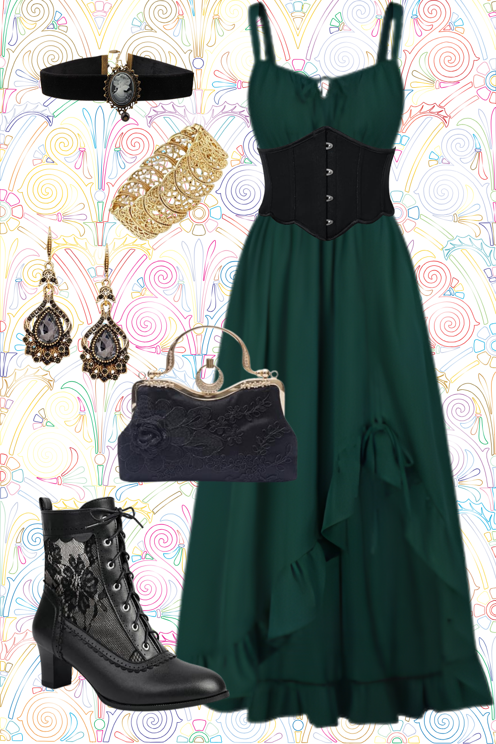 A green dress with ruffle details and a black corset, paired with black lace-up ankle boots, black embroidered clutch, and gold and black jewelry including a cameo choker, gold bracelets, and drop earrings with black gemstone accents, displayed against a colorful swirled background.