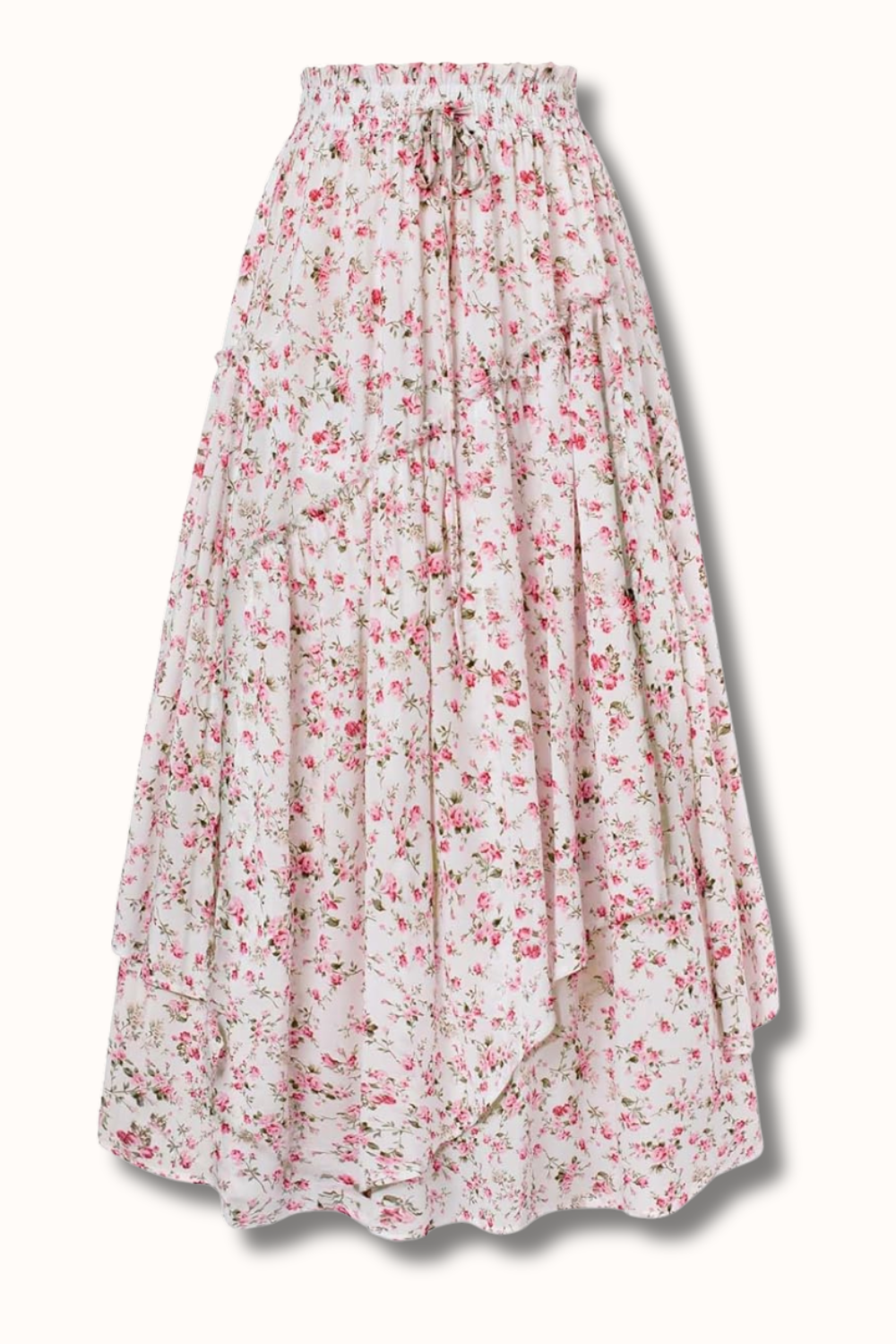 White skirt with pink floral pattern and ruffle detailing.