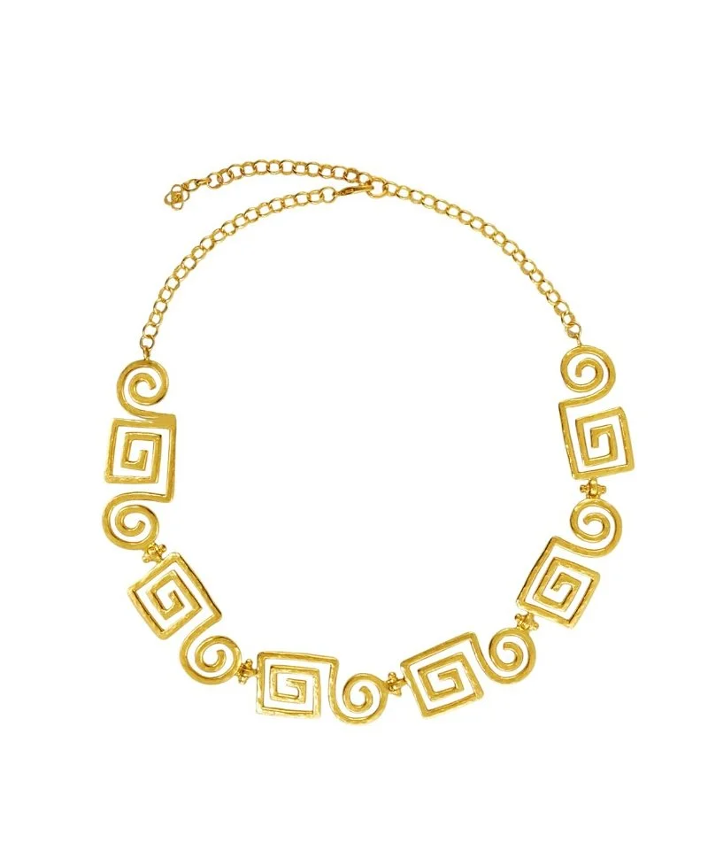 Gold necklace with geometric square and spiral designs on a white background.