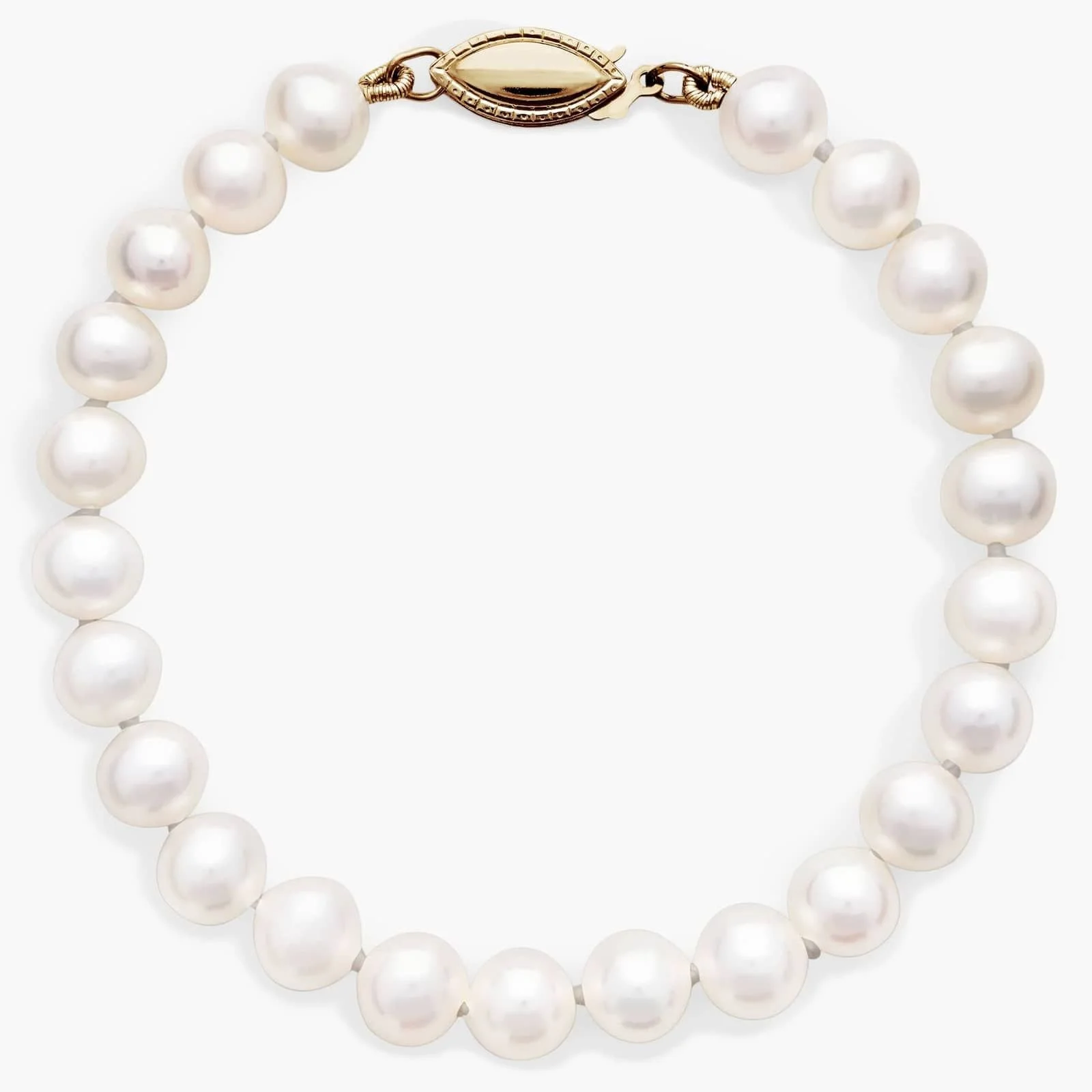Pearl necklace with a gold clasp against a white background.