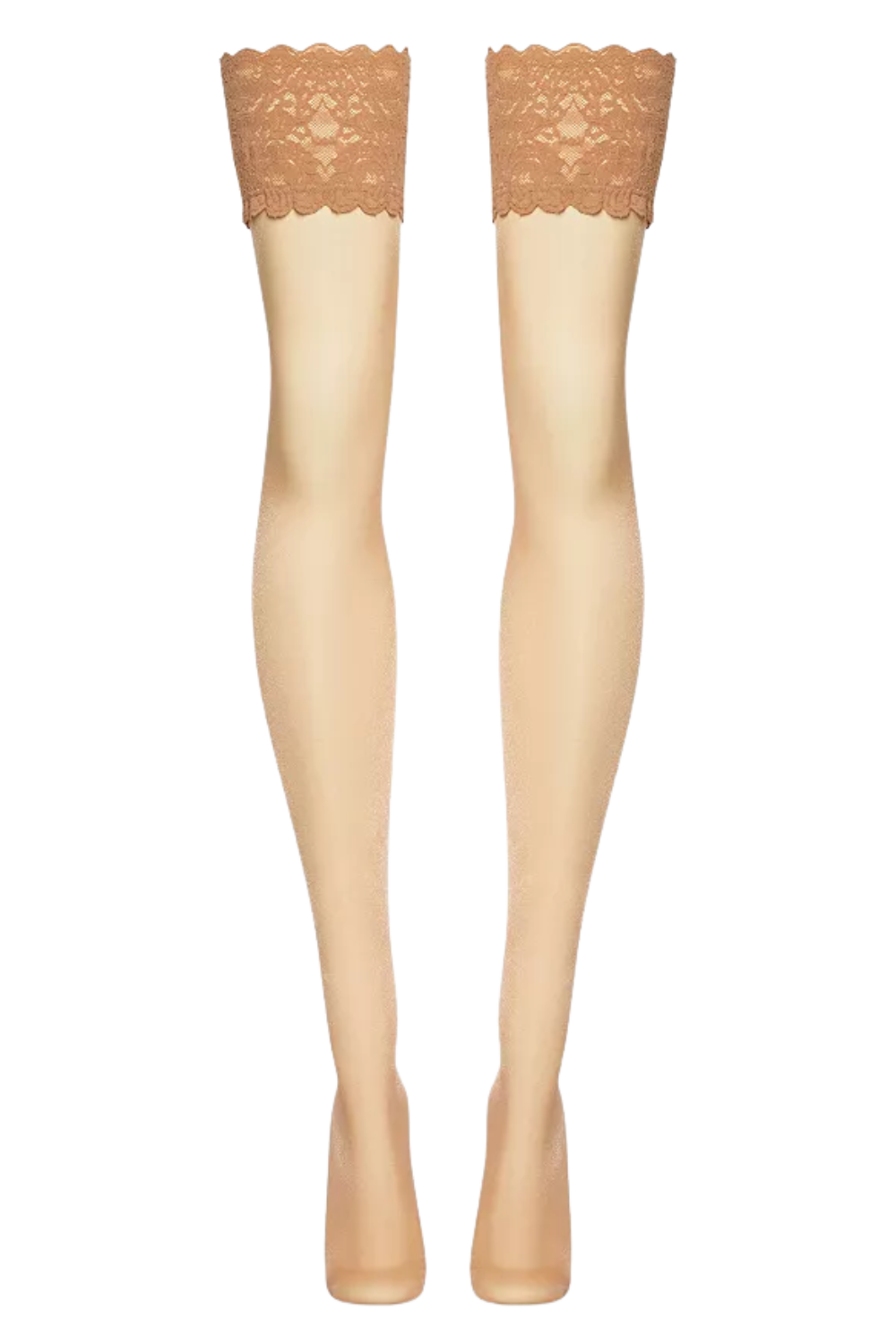 Pair of legs wearing nude-colored stockings with lace tops.